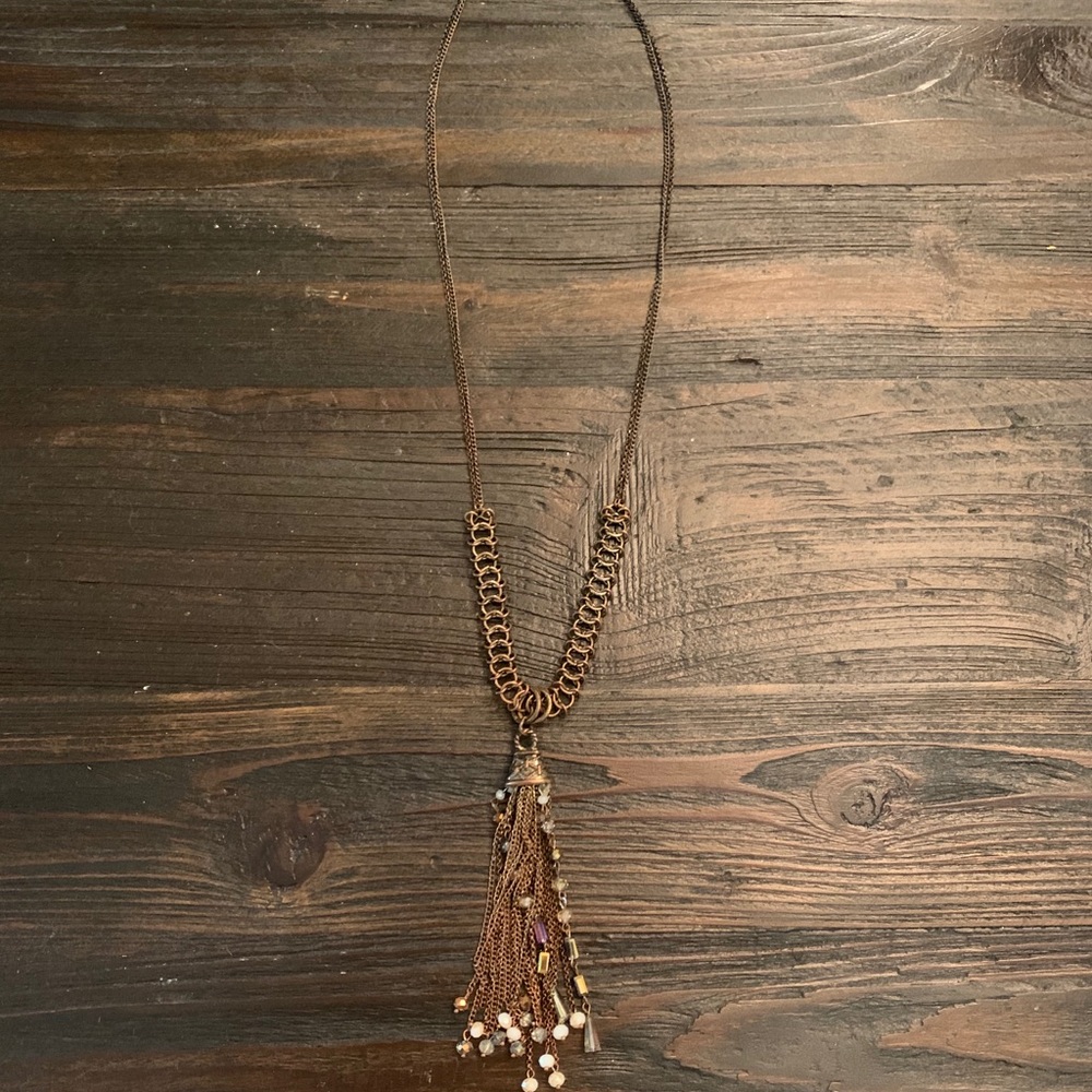 Bronze Beaded Long Tassel Necklace